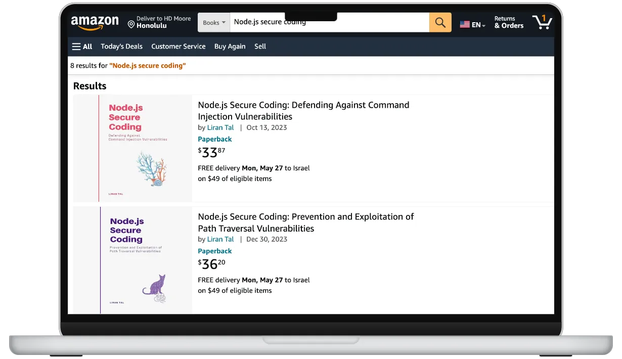 Amazon book search results lists Liran Tal Node.js Secure Coding books