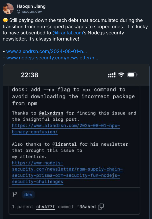Haoqun Jiang appreciates the Node.js Security Newsletter for revealing the news