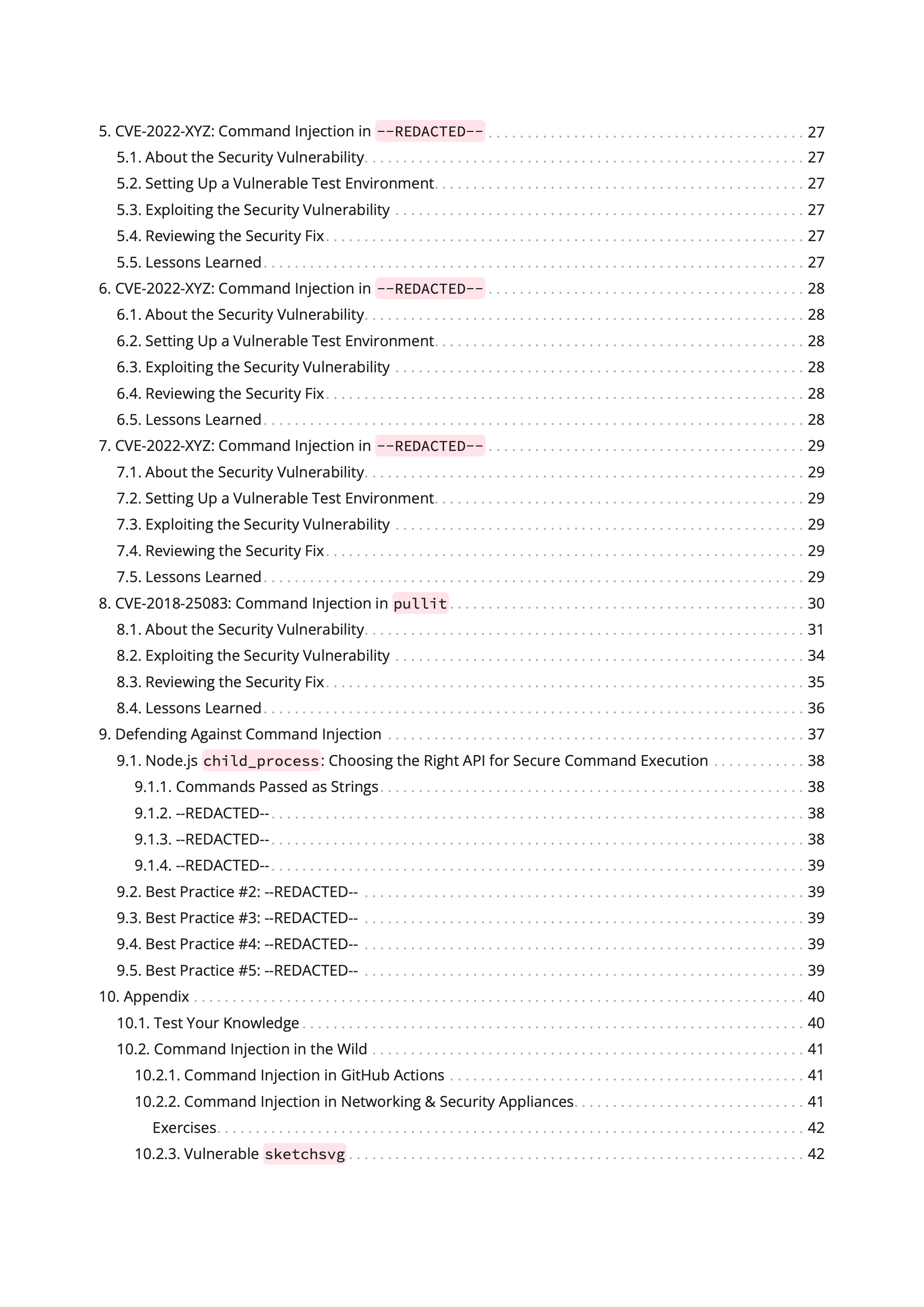 Command injection book table of contents