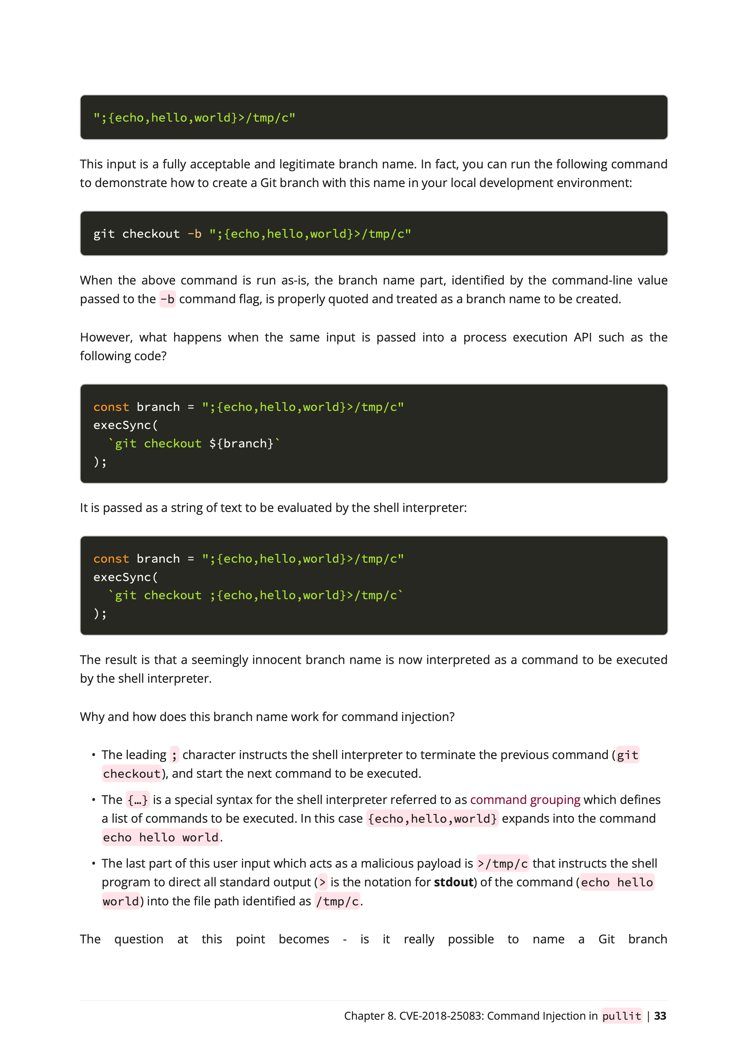 Command injection book sample page of the pullit npm package showing how to exploit the command injection vulnerability