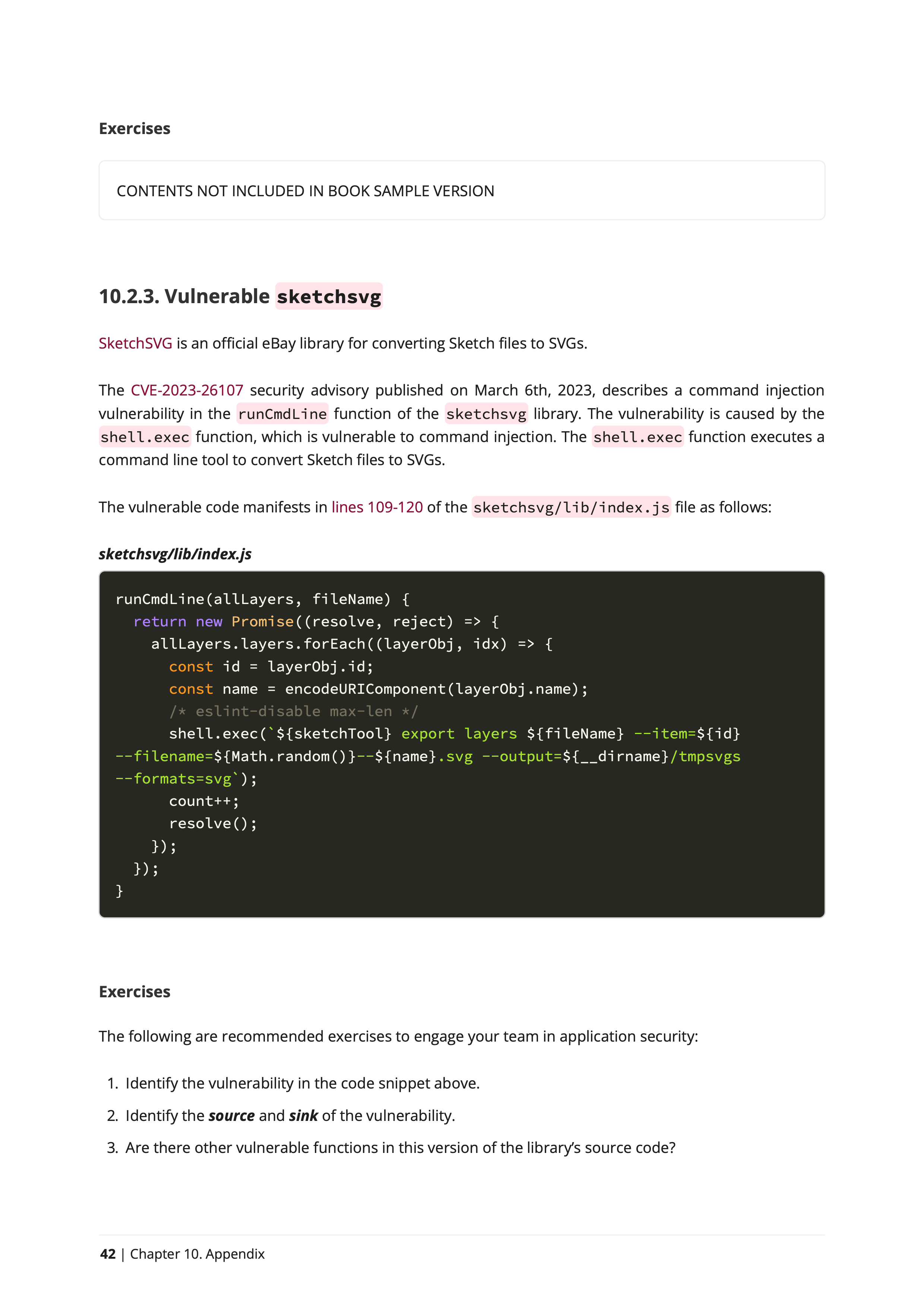 The vulnerable sketchsvg npm package reviewed in the Command Injection book